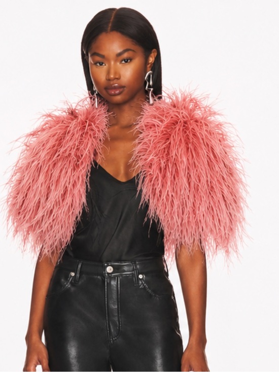 Adrienne Landau Jackets & Blazers - Adrienne Landau Ostrich Feather Coral Pink Button Front Capelet Cover Up Jacket